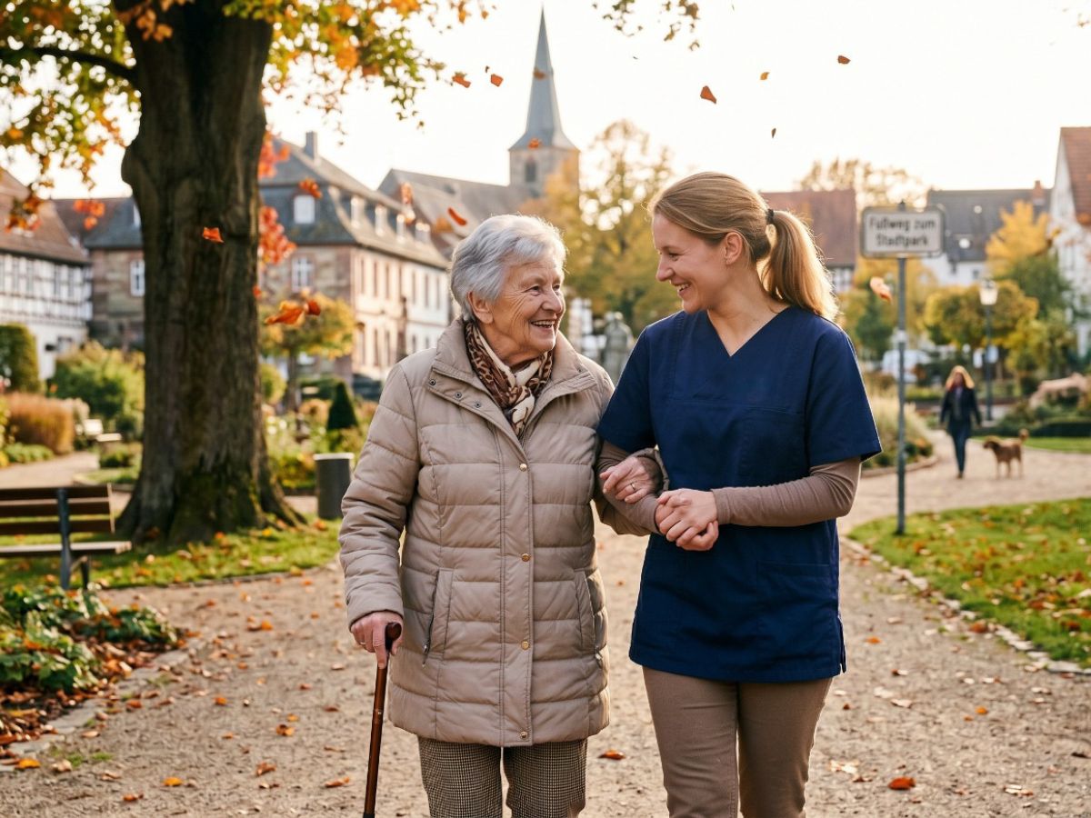 Opiekunka i seniorka w czasie wspólnego spaceru